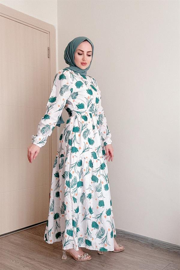 Sayra Shawl Kadın Yeşil Çiçek Desenli Tesettür Elbise