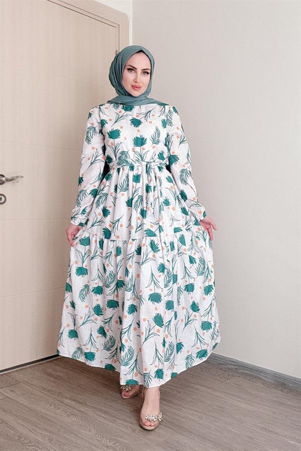 Sayra Shawl Kadın Yeşil Çiçek Desenli Tesettür Elbise