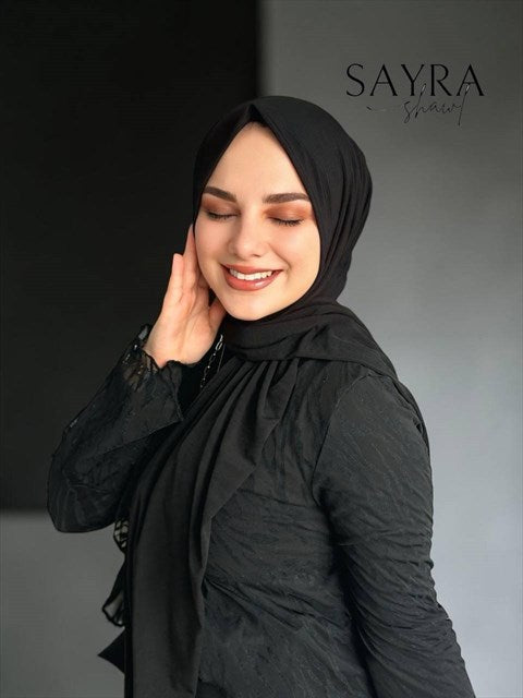 Sayra Shawl Siyah İthal Sandy Kumaş Çıtçıtlı Hazır Şal SYR006