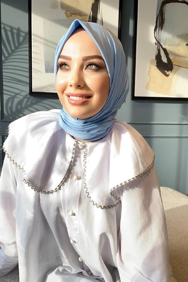 Sayra Shawl Kadın Bebe Mavisi Çıtçıtlı Hazır Şal