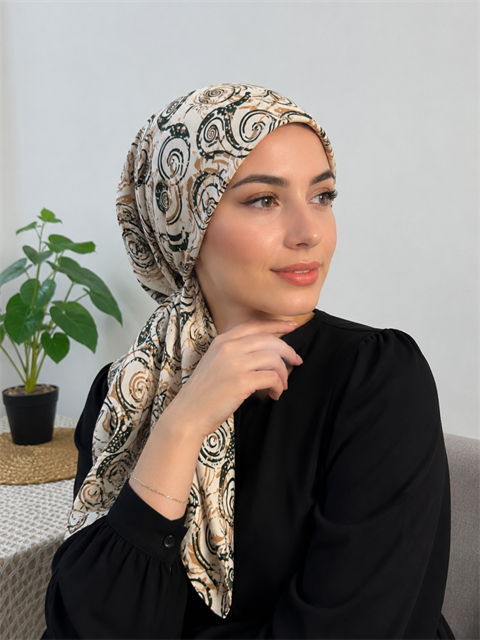 Yazgülü Boneli Eşarp Dalga Desenli Yeşil
