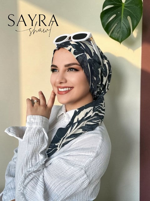 Yazgülü Boneli Eşarp Mavi Dalgalı Desen